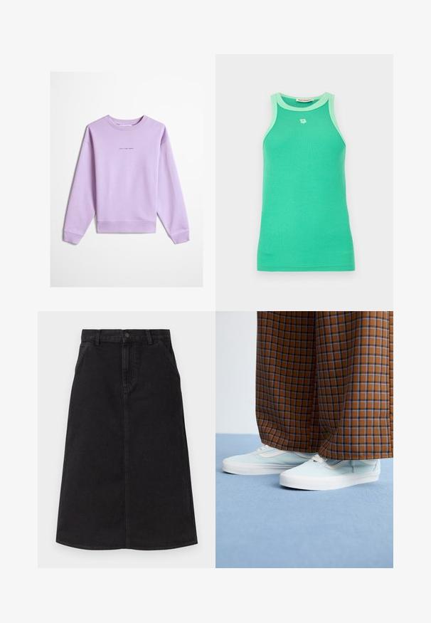 Lila sweatshirt met lange mouwen en een ronde hals, voorzien van geribbelde manchetten en zoom, met kleine zwarte "Marc O' Polo Denim" tekst op de borst.; Groene geribbelde mouwloze tanktop met lichtgroene bies en een klein bloemlogo gecentreerd net onder de neklijn.; Zwarte denim kokerrok tot op de knie met voorzakken, taillebandlussen en een centrale naad detail.; Lichtblauwe sneakers gedragen met bruine en blauwe geblokte wijde broekspijpen op een lichtblauw tapijt.