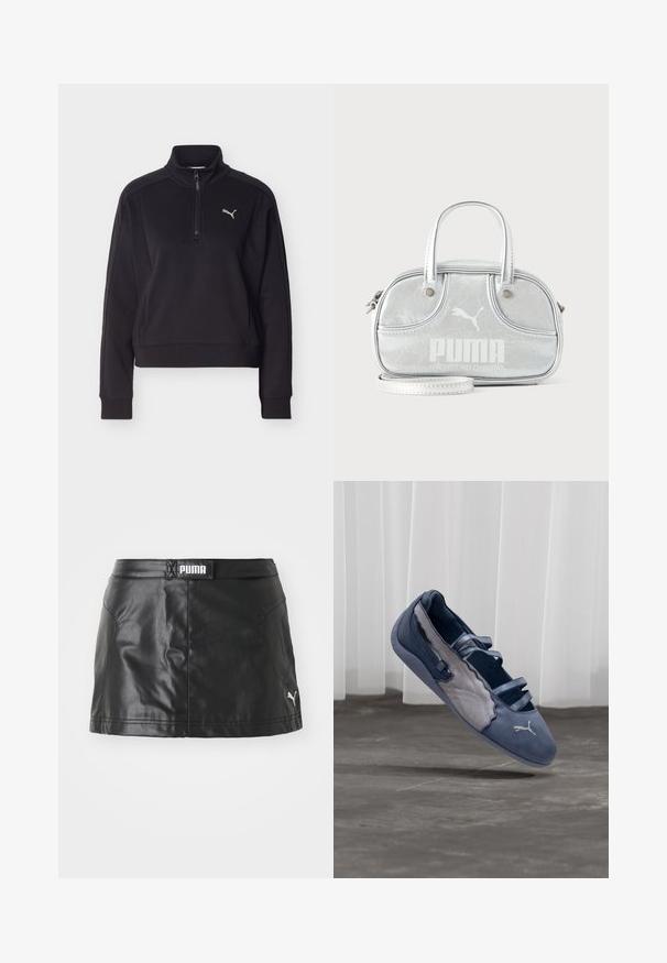 Must pikkade varrukatega pullover, millel on veerandi pikkune lukk ja kõrge krae, vasakul rinnal väike hõbedane Puma logo.; Must musta kunstnahast seelik, millel on sile tekstuur, PUMA logo vööl ja väike logo allservas.; Sinine ja hall Puma tasane jalanõu kolme elastse rihmaga, tekstuurse külgpaneeli ja valge Puma logoga, hõljumas betoonpõranda kohal.; Väike metallik hõbedane Puma käekott kahe ülemise sangaga, pika rihmaga, esilogoga ja lukuga heledal ühtlasel taustal.