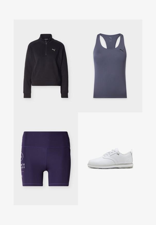 Sort langærmet pullover med en kvart lynlås og høj krave, med en lille sølvfarvet Puma-logo på venstre bryst.; Mørkegrå ærmeløs atletisk tanktop med racerback og lille sort Puma-logo på øverste venstre bryst.; Mørkelilla atletiske shorts med høj talje, tætsiddende pasform, med hvidt trykt tekst og logo på venstre lår, vist mod en ensfarvet baggrund.; Hvide atletik sko med glat syntetisk læderoverdel, teksturerede accenter, polstret krave og gummisål med godt greb. Sølv logo detaljer.