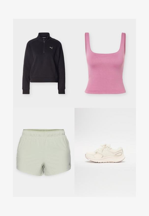 Zwarte pullover met lange mouwen, een kwart ritssluiting en een hoge kraag, met een klein zilveren Puma-logo op de linkerborst.; Roze mouwloos cropped top met brede bandjes en een vierkante halslijn op een effen achtergrond.; Lichtgroene sportshorts van ademend materiaal, met een geperforeerde textuur en elastische tailleband. Logo aan de zijkant gedrukt.; Witte sportschoen met een mesh bovenwerk, gevoerde kraag en grijze accenten. Beschikt over een gestructureerde zool en een vetersysteem voor een veilige pasvorm.