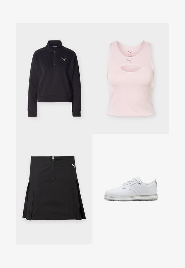 Must pikkade varrukatega pullover, millel on veerandi pikkune lukk ja kõrge krae, vasakul rinnal väike hõbedane Puma logo.; Helepunane varrukateta spordilühike top koos kaarekaelusega, lõigatud detaili ja Puma logoga esiküljel keskel ning krae sees.; Mustad sportlik seelik esivõtme ja külgsete voldikutega, ülemisel paremal küljel valge Puma logoga.; Valged spordijalatsid siledast sünteetilisest nahast pealsega, tekstureeritud aktsentidega, pehmendatud krae ja kummist sisetallaga, mis tagab hea haarde. Hõbedane logo detail.