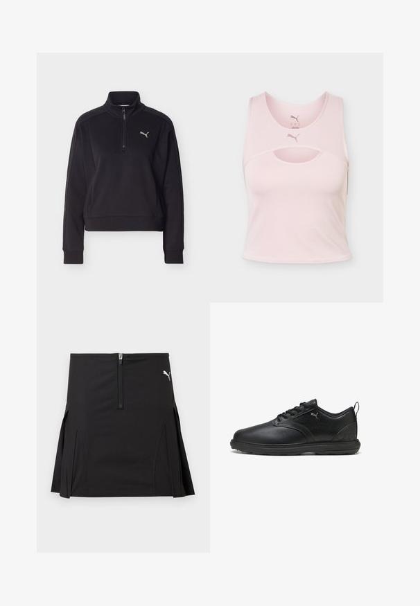 Pull-over noir à manches longues avec une fermeture éclair sur un quart et un col montant, présentant un petit logo Puma argenté sur le côté gauche de la poitrine.; Crop top de sport sans manches rose clair avec encolure arrondie, détail découpé et logo Puma au centre devant et à l’intérieur du col.; Jupe de sport noire avec fermeture éclair à l'avant et plis latéraux, arborant un logo Puma blanc sur le côté supérieur droit.; Chaussure en cuir noir avec une finition lisse, panneau latéral texturé, design à lacets et col rembourré. Présente un logo subtil et des accents à motifs.