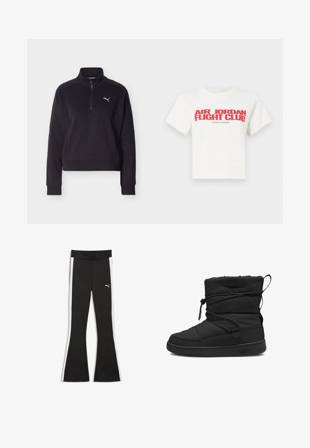 Zwarte pullover met lange mouwen, een kwart ritssluiting en een hoge kraag, met een klein zilveren Puma-logo op de linkerborst.; Witte katoenen t-shirt met opvallende rode tekst: "AIR JORDAN FIGHT CLUB" en "OFFICIAL MEMBER". Korte mouwen en klassieke ronde hals.; Zwarte uitlopende broek met witte zijstrepen en Puma-logo op het bovenste linkerpijpje, voorzien van een brede tailleband.; Zwarte geïsoleerde laars met een gewatteerde textuur, elastische trekkoordsluiting, gewatteerde bovenrand en een rubberen zool met een minimalistisch logo.
