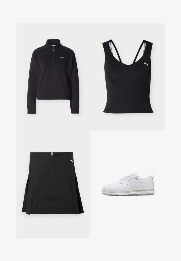 Sudadera negra de manga larga con cremallera de un cuarto y cuello alto, con un pequeño logo plateado de Puma en el lado izquierdo del pecho.; Top deportivo negro corto con tirantes delgados dobles y logo blanco de Puma en el pecho izquierdo.; Falda deportiva negra con cremallera frontal y pliegues laterales, con un logo blanco de Puma en la parte superior derecha.; Zapatillas deportivas blancas con parte superior de cuero sintético suave, acentos texturizados, cuello acolchado y suela de goma con buena tracción. Detalle del logotipo en plata.