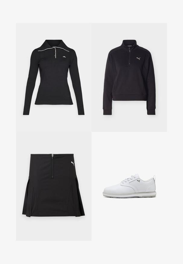 Sudadera negra de manga larga con cremallera de un cuarto y cuello alto, con un pequeño logo plateado de Puma en el lado izquierdo del pecho.; Polo negro de manga larga con textura acanalada, tapeta de tres botones y detalle de cuello blanco en contraste. Logo bordado en el pecho.; Falda deportiva negra con cremallera frontal y pliegues laterales, con un logo blanco de Puma en la parte superior derecha.; Zapatillas deportivas blancas con parte superior de cuero sintético suave, acentos texturizados, cuello acolchado y suela de goma con buena tracción. Detalle del logotipo en plata.