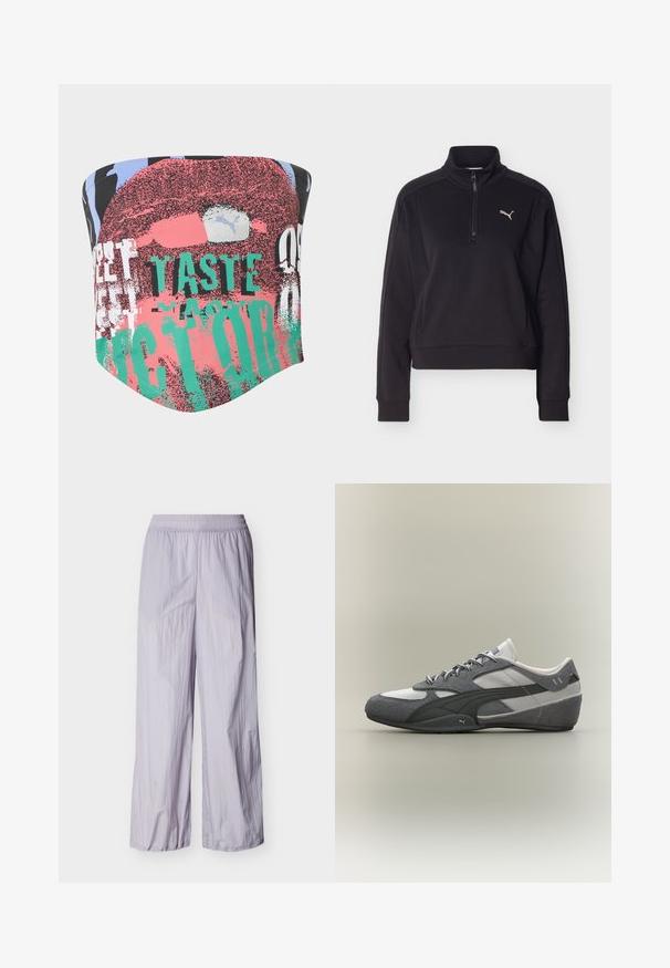 Pull-over noir à manches longues avec une fermeture éclair sur un quart et un col montant, présentant un petit logo Puma argenté sur le côté gauche de la poitrine.; Masque facial tubulaire en tissu coloré avec un design graphique abstrait, des lèvres rouges et des éléments de texte mélangés en vert, blanc et noir.; Pantalon léger violet clair avec ceinture élastique et jambes larges, présenté sur un fond blanc uni.; Basket Puma gris et blanc à profil bas avec surpiqûres en daim, fermeture à lacets et logo Puma noir sur le côté et la semelle.