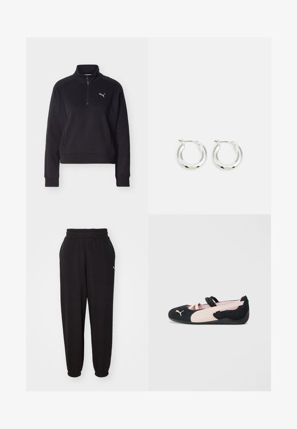 Musta pitkähiha-pullover, jossa neljänneksen mittainen vetoketju ja korkea kaulus, vasemmassa rinnassa pieni hopeinen Puma-logo.; Mustat collegehousut, jotka on valmistettu pehmeästä kankaasta. Niissä on ribatut vyötärö ja resorit nilkoissa. Sivussa on pieni logoleima.; Mustat ja vaaleanpunaiset mokkasandaalit, jotka on varustettu joustavilla nauhoilla, pyöristetty kärki ja tekstuuripintainen kumipohja, etuosassa pieni logo.; Hopeaparin suorat korvakorut kiiltävällä pinnalla, jotka ovat pyöreän muotoisia ja joissa on saranakiinnitys. Pehmeä pinta ja vähäinen yksityiskohtaisuus.