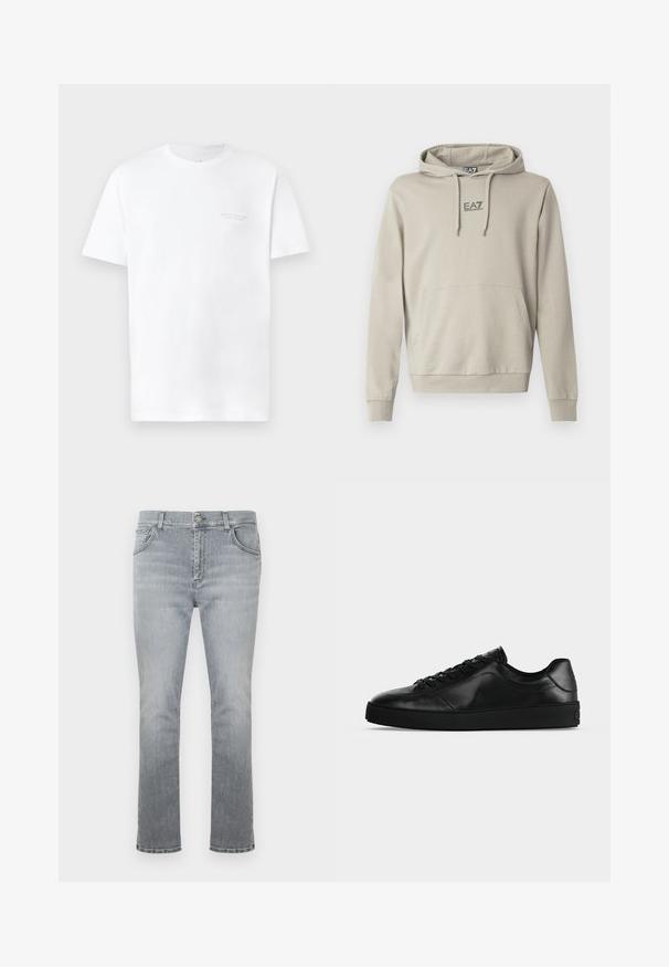 Vaalean beige huppari, jossa on kiristysnauha, kengurulokero ja EA7-logo rinnassa. Kangas näyttää pehmeältä ja sileältä.; Valkoinen puuvillapaidan t-paita lyhyillä hihoilla, pyöreällä kaula-aukoilla, jossa on hienovarainen harmaa logopainatus vasemmassa rinta-alueessa ja sileä tekstuuri.; Vaaleanharmaat farkut suoraa lahjetta, viiden taskun mallilla ja hillityllä haalistuneella tekstuurilla. Edessä napillinen kiinnitys.; Matala profiilinen musta nahkainen tennari, jossa edessä nauhat ja teksturoidulla litteällä pohjalla, esitetty sivulta neutraalilla taustalla.