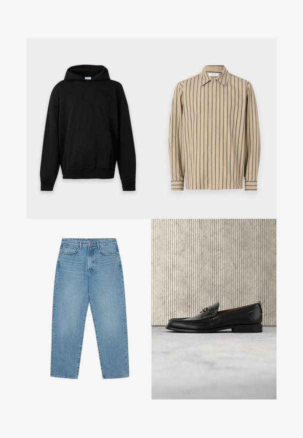 Sweat à capuche noir uni, manches longues, poche avant et poignets et ourlet côtelés, présenté sur un fond gris clair.; Chemise beige à manches longues avec des rayures verticales bleu marine, un col pointu et des poignets boutonnés, confectionnée dans un tissu en mélange de coton lisse.; Jean en denim bleu clair avec une coupe droite, design cinq poches et une texture légèrement délavée. Dispose d'une fermeture à bouton et à glissière.; Mocassin en cuir noir avec mors en métal doré et logo "HUGO", présenté sur un tapis beige et un meuble translucide marron.