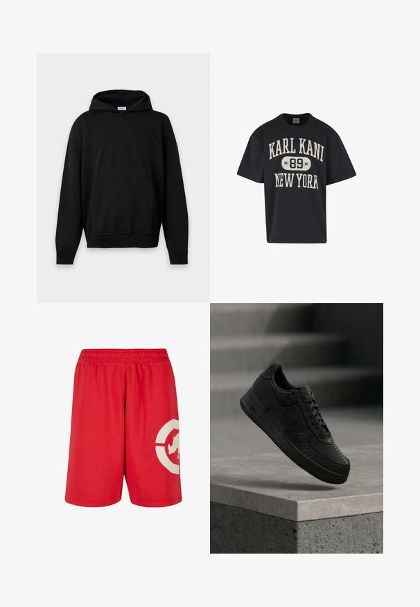 Sudadera negra lisa con capucha, mangas largas, bolsillo delantero y puños y bajo acanalados, mostrada sobre un fondo gris claro.; Camiseta negra de gran tamaño con estampado de texto blanco agrietado que dice "KARL KANI 89 NEW YORK" en el frente.; Pantalones cortos de algodón rojos con una cinturilla elástica, que presentan un gran diseño gráfico blanco en la pierna izquierda y una textura suave.; Zapatilla negra de Nike con detalles perforados flotando sobre un borde de cemento contra un fondo gris desenfocado.