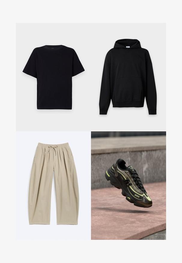 Enkelt sort hættetrøje med lange ærmer, frontlomme og ribstrikkede manchetter og kant, vist mod en lysegrå baggrund.; Sort kortærmet t-shirt med rund halsudskæring. Fremstillet af blødt stof, med en afslappet pasform og uden synlige mønstre eller detaljer.; Beige bukser med vidde ben, elastisk talje og snøre, sidelommer og løs, afslappet pasform.; Sort og gul New Balance 1000-sneaker svævende over en lyserød stensurface med en grå stenvæg i baggrunden.