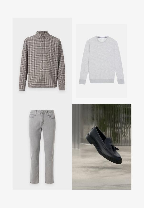 Pier One Striktrøje - mottled light grey; Brun og creme plaid skjorte med knap-ned krave, lange ærmer og frontknapper; lavet af struktureret stof.; Grå denimjeans med lige snit, fem-lomme-design, bæltestropper og lukning med knap foran. Stoffet har en glat tekstur.; Sorte læderloafers med en glat tekstur, en rundet tå og dekorative kvaster foran. Fleksibel gummisål med lav hæl.