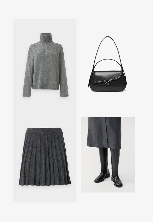 Grauer Strickpullover mit hohem Kragen und einem Viertelreißverschluss vorne. Verfügt über gerippte Bündchen und Saum und präsentiert eine glatte, weiche Textur.; Vero Moda Knitted VMMARINA Short - Minirock - dark grey; Knielange schwarze Lederstiefel mit glatter Textur, seitlichen Reißverschlüssen und flacher Sohle. Die Stiefel haben einen strukturierten Schaft und minimales Zubehör.; Schwarze Lederschultertasche mit einer geschwungenen Klappe, die durch einen runden Metallverschluss gesichert ist, und einem schlanken, verstellbaren Riemen.
