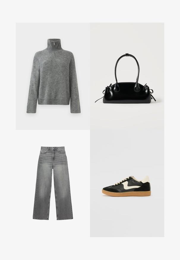 Grå striktrøje med høj krave og lynlås i kvart længde foran. Har ribkantede manchetter og kant, og præsenterer en glat, blød tekstur.; Grå brede jeans lavet af denim, med en mellemhøj talje, fem lommer og subtil falmning på benene.; Sorte ruskinds- og lædersneakers med en cremefarvet side-swoosh og lys cremefarvet hæl. Har beige snørebånd og en gummirubber-sål.; Lille sort blank håndtaske med to lange håndtag og snøre-detaljer i siden på en ensfarvet lys baggrund.