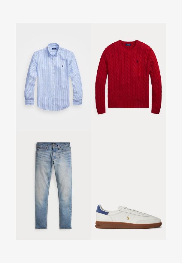 Pull rouge en maille torsadée à col rond avec manches longues et petit logo Polo Ralph Lauren bleu marine sur la poitrine gauche.; Chemise à rayures bleues et blanches à manches longues en coton, dotée d'un col boutonné, de boutons sur le devant et d'un petit logo brodé sur la poitrine.; Jean en denim bleu clair avec une finition délavée, design à cinq poches et couture contrastante. Comprend une fermeture éclair et des passants de ceinture. Coupe droite.; Baskets basses blanches avec semelle marron, languette de talon bleue, lacets et logo Polo Ralph Lauren doré sur le côté.