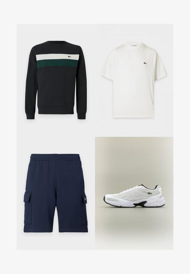 Donkere sweatshirt met een zwarte basis, voorzien van groene en witte horizontale strepen op de borst en een klein geborduurd logo aan de linkerkant.; Witte T-shirt met korte mouwen en ronde hals en een klein groen krokodillenlogo op de linkerborst.; Marineblauwe cargoshorts gemaakt van zachte stof, met een elastische tailleband, twee zijzakken en een klein logoaccent op de linkerzak.; Witte sportieve schoen met een textuur van gaas bovenwerk, gebogen ontwerp en contrasterende zwarte zool. Heeft een groen geborduurd logo aan de zijkant.