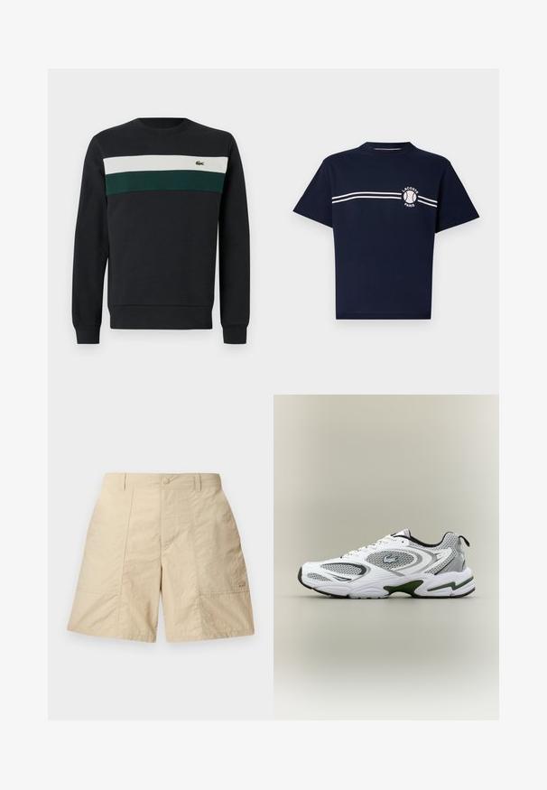 Sudadera oscura con base negra, con rayas horizontales verdes y blancas en el pecho y un pequeño logo bordado a la izquierda.; Camiseta de algodón navy de manga corta. Presenta un cuello redondo, dos franjas horizontales blancas en el pecho y un detalle de logo en el lado izquierdo.; Pantalones cortos beige con un acabado texturizado, con cierre de botón en la parte delantera, dos bolsillos laterales y un pequeño logo en la parte inferior derecha.; Zapatilla deportiva de running en blanco y gris, con paneles de malla, acentos verdes, detalles en negro y un logo en el costado, vista desde el lado exterior.