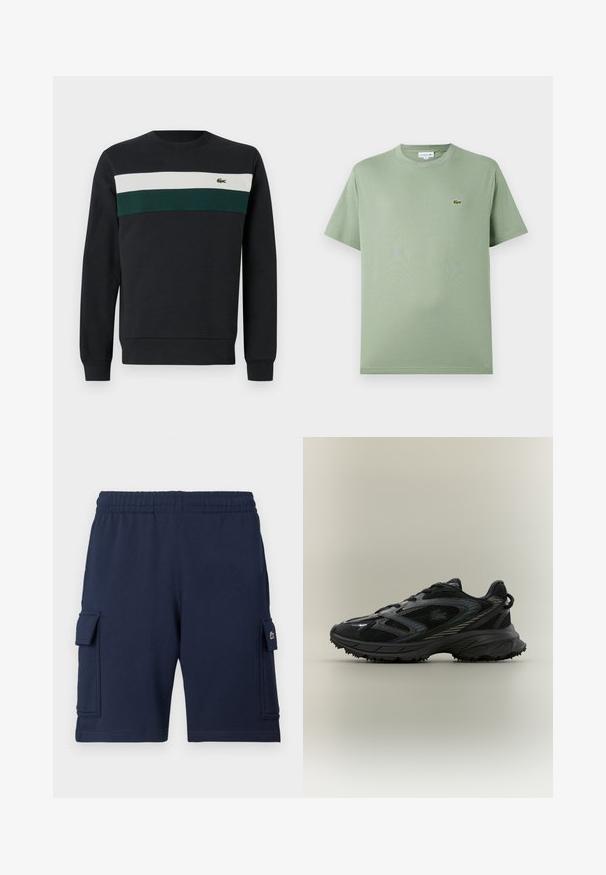 Donkere sweatshirt met een zwarte basis, voorzien van groene en witte horizontale strepen op de borst en een klein geborduurd logo aan de linkerkant.; Lichtgroene katoenen T-shirt met een ronde hals, korte mouwen en een klein logo op de linkerkant van de borst. Gladde textuur, standaard pasvorm.; Marineblauwe cargoshorts gemaakt van zachte stof, met een elastische tailleband, twee zijzakken en een klein logoaccent op de linkerzak.; Zwarte sportieve schoen met meshpanelen, een gestructureerde zool, veters en een gebogen silhouet met zilveren accenten aan de zijkanten.