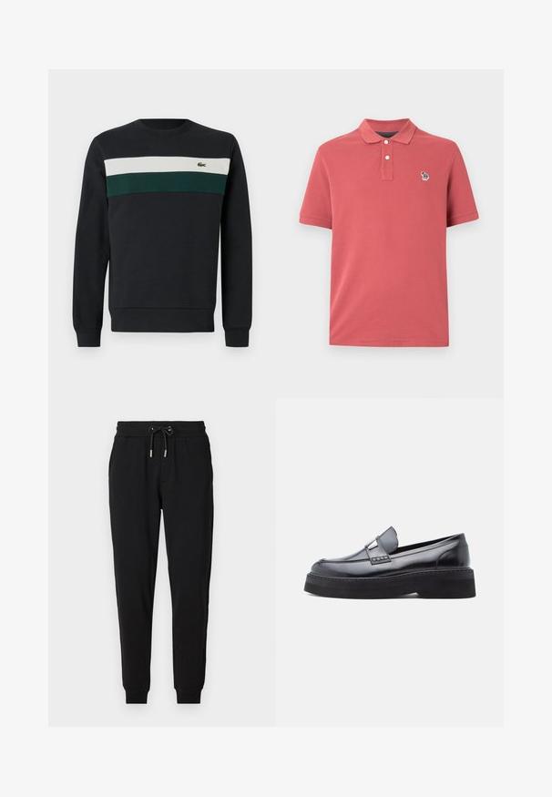 Donkere sweatshirt met een zwarte basis, voorzien van groene en witte horizontale strepen op de borst en een klein geborduurd logo aan de linkerkant.; Rood poloshirt gemaakt van zachte stof met een klassieke kraag, drie knopen en een klein meerkleurig dierenlogo op de borst.; Zwarte joggingsbroek met een elastische tailleband, verstelbare koord, zijzakken en tapered pijpen. Gemaakt van zachte, rekbare stof.; Zwarte lakleren loafer met een ronde neus, decoratieve gespsluiting en een dikke zwarte plateauzool, met een gladde en glanzende textuur.