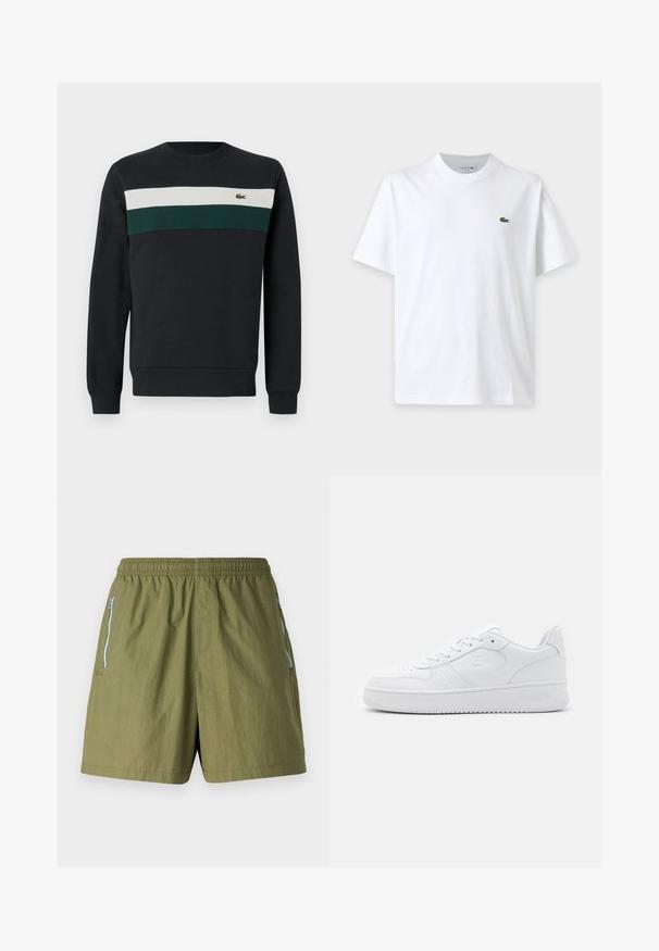 Donkere sweatshirt met een zwarte basis, voorzien van groene en witte horizontale strepen op de borst en een klein geborduurd logo aan de linkerkant.; Effen wit T-shirt met korte mouwen, ronde hals en klein groen krokodillenlogo op de linkerborst.; Olijfgroene shorts met een elastische tailleband, zijzakken met rits en een lichte, gestructureerde stof.; Witte leren sneaker met geperforeerde neus, platte veters en gevoerde kraag. Voorzien van een geperst logo aan de zijkant en een getextureerde rubberen zool.