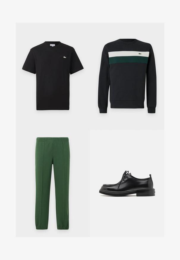 Sudadera oscura con base negra, con rayas horizontales verdes y blancas en el pecho y un pequeño logo bordado a la izquierda.; Camiseta de algodón negra con cuello redondo. Presenta un pequeño logo de Lacoste bordado en verde y blanco en el pecho. Mangas cortas, corte regular.; Pantalones de chándal verdes hechos de una tela suave; cuentan con una cintura elástica, perneras ajustadas y un pequeño logo en el lado.; Calvin Klein LACE UP APRON BRUSH OFF - Zapatos de vestir - black