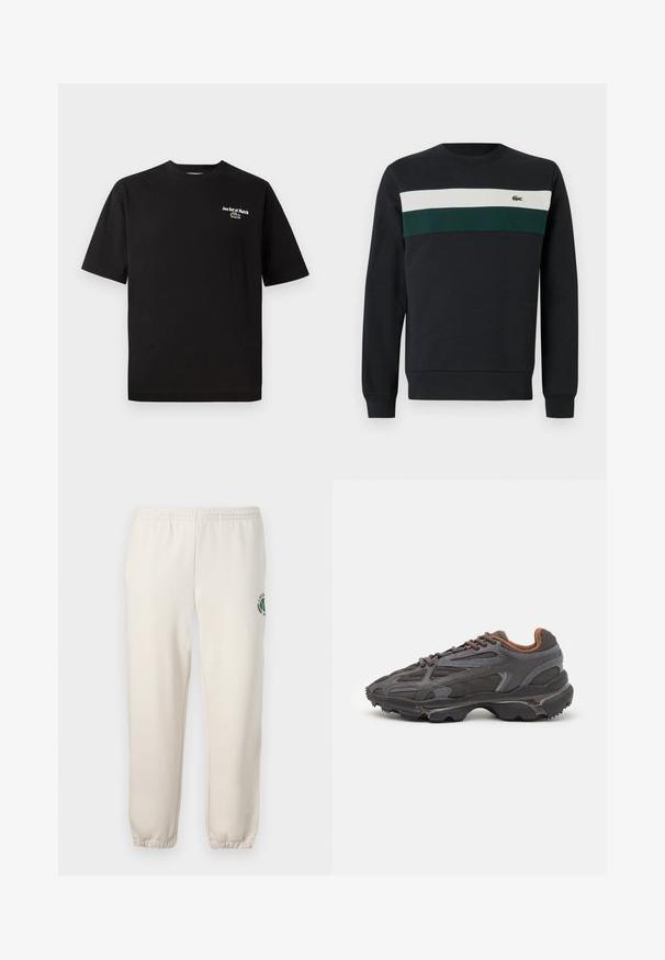 Sudadera oscura con base negra, con rayas horizontales verdes y blancas en el pecho y un pequeño logo bordado a la izquierda.; Camiseta de algodón negra con mangas cortas, cuello redondo, que presenta "Jeu Set et Match" en bordado blanco y un acento de logo de cocodrilo verde.; Pantalones de chándal de color beige claro, hechos de algodón, con una cinturilla elástica, puños acanalados y un logo verde con diseño de hoja en la pierna izquierda.; Zapatillas Lacoste en gris oscuro con material de malla y sintético, que cuentan con una suela texturizada y detalles en marrón en el cuello y la marca.