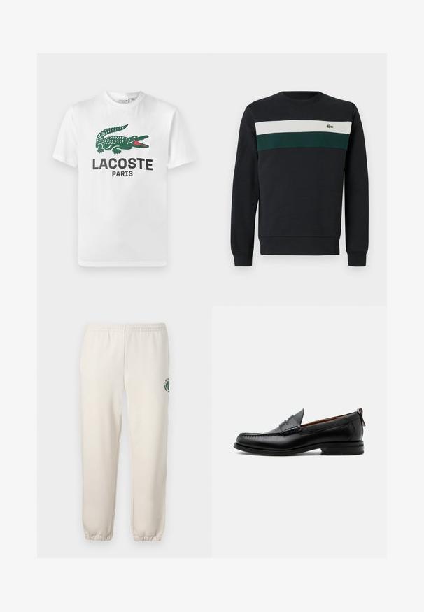 Sudadera oscura con base negra, con rayas horizontales verdes y blancas en el pecho y un pequeño logo bordado a la izquierda.; Lacoste Camiseta estampada - white; Pantalones de chándal de color beige claro, hechos de algodón, con una cinturilla elástica, puños acanalados y un logo verde con diseño de hoja en la pierna izquierda.; Mocasín de hombre de piel negra con costura moc toe, tira penny, cuello texturizado y tacón bajo apilado sobre fondo blanco.