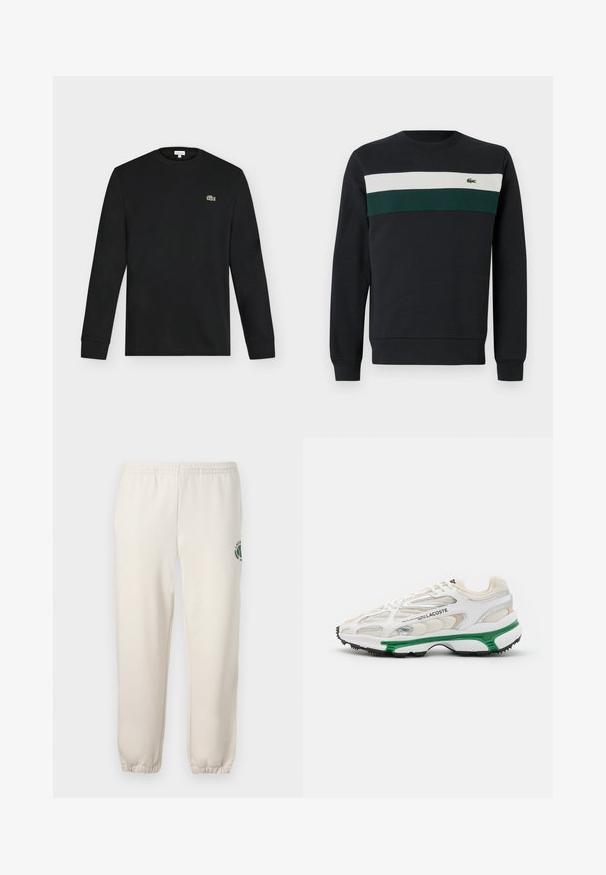 Sudadera oscura con base negra, con rayas horizontales verdes y blancas en el pecho y un pequeño logo bordado a la izquierda.; Camiseta negra de manga larga con cuello redondo y pequeño logo verde de cocodrilo en el pecho izquierdo, mostrada sobre un fondo claro y liso.; Pantalones de chándal de color beige claro, hechos de algodón, con una cinturilla elástica, puños acanalados y un logo verde con diseño de hoja en la pierna izquierda.; Zapatilla blanca con acento verde y suela de goma negra. Presenta paneles de malla y sintéticos, con un acabado texturizado y costuras visibles.