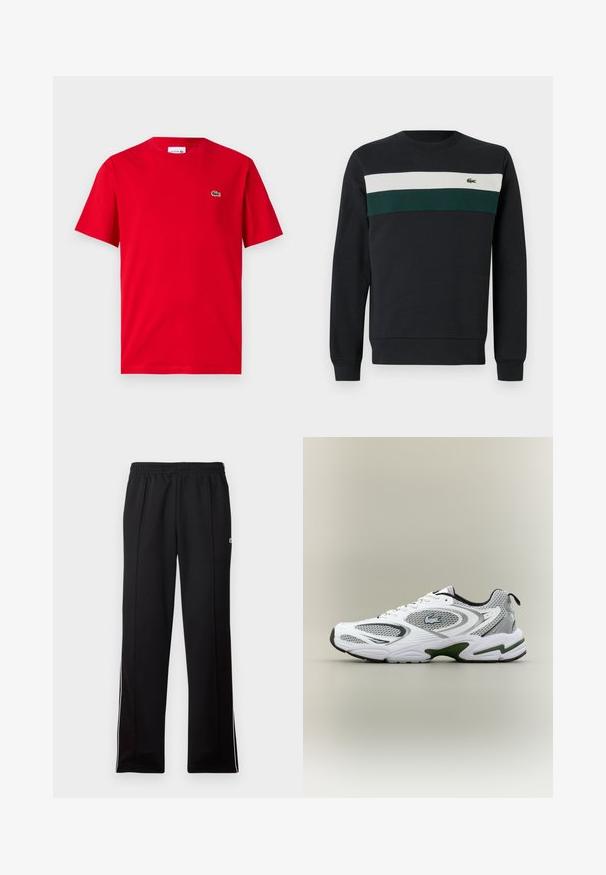 Sudadera oscura con base negra, con rayas horizontales verdes y blancas en el pecho y un pequeño logo bordado a la izquierda.; Camiseta de algodón roja con mangas cortas, cuello redondo y un pequeño logo de cocodrilo verde en el lado izquierdo del pecho. Textura suave, corte casual.; Pantalones deportivos negros de largo completo con cinturilla elástica y rayas blancas en los laterales, que presentan un pequeño logo verde en la parte superior.; Zapatilla deportiva de running en blanco y gris, con paneles de malla, acentos verdes, detalles en negro y un logo en el costado, vista desde el lado exterior.