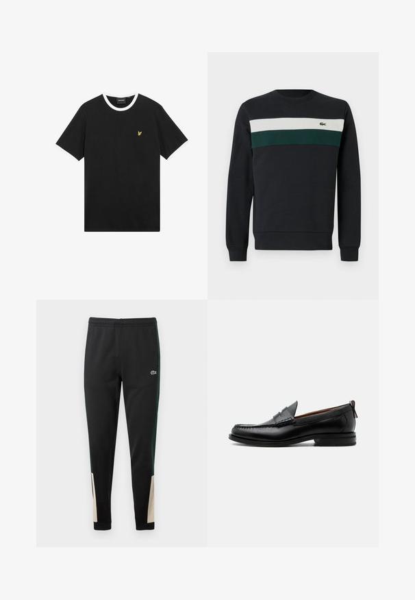 Donkere sweatshirt met een zwarte basis, voorzien van groene en witte horizontale strepen op de borst en een klein geborduurd logo aan de linkerkant.; Zwart T-shirt met witte kraag en mouwranden, gemaakt van katoen. Voorzien van een klein geel geborduurd adelaarlogo op de borst.; Zwarte sweatpants met groene zijstrepen en beige accenten bij de boorden. Elastische tailleband en Lacoste-logo aan de voorkant. Glad textuur.; Zwarte leren herensloffen met moc toe stiksel, pennyriem, gestructureerde kraag en lage gestapelde hak op witte achtergrond.