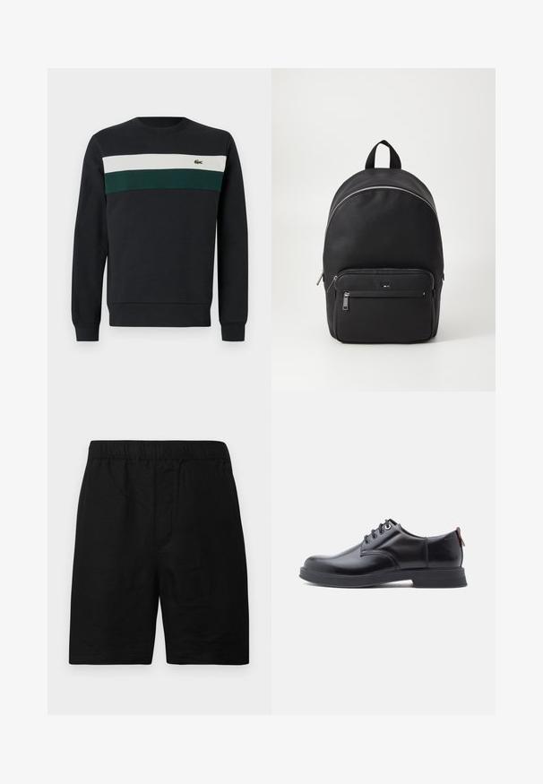Mørk sweatshirt med en sort bund, med grønne og hvide vandrette striber over brystet og et lille broderet logo til venstre.; Sorte shorts med elastisk taljebånd, lavet af et tekstureret stof, med en lige pasform og uden synlige lommer eller detaljer.; Sorte snørestøvler i læder med glat tekstur, rundet tå og diskrete syningsdetaljer. Har en rød trækflig på hælen.; Sort læder rygsæk med et afrundet design, der har en frontlomme med lynlås og sølvfarvet hardware. Tekstureret overflade og håndtag på toppen.