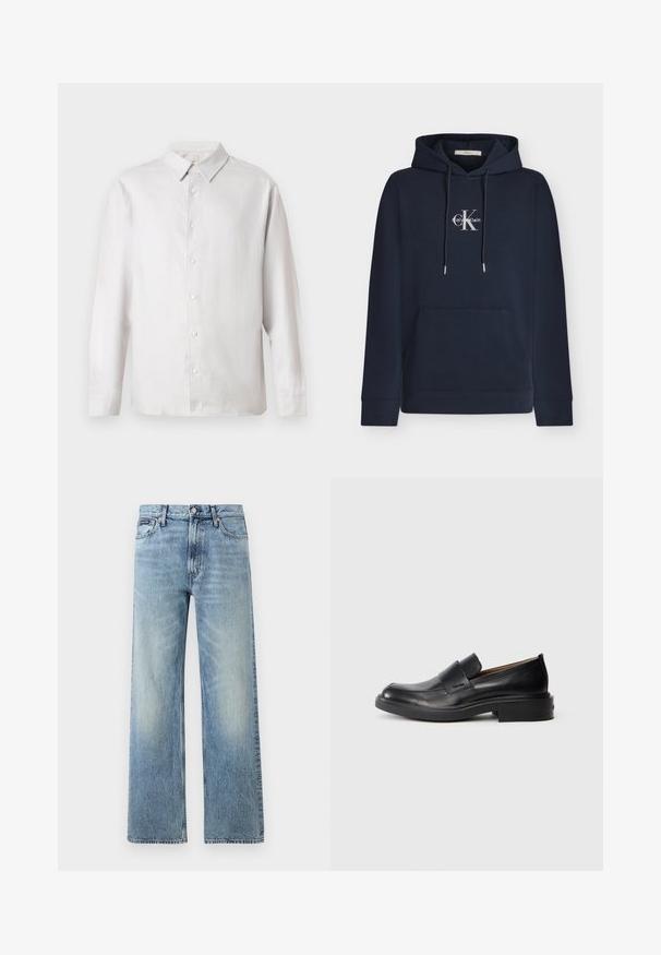 Mørkeblå hættetrøje med frontlomme og hvidt Calvin Klein-logo centreret på brystet.; Hvid langærmet skjorte med krave, syv knapper og subtilt broderet logo på venstre bryst.; Lyseblå denim jeans med lige ben, højt talje, fem lommer, knaplukning og diskrete falmede områder på lår og knæ.; Sorte læder slip-on dress sko med lav hæl og subtil Calvin Klein logo på siden, vist i profil på en hvid baggrund.