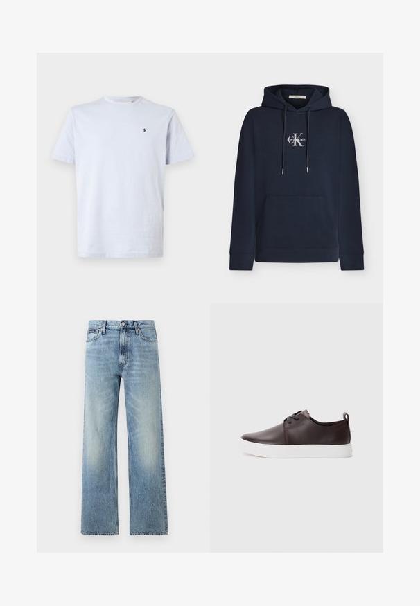 Sudadera con capucha azul marino con bolsillo delantero y logotipo blanco de Calvin Klein centrado en el pecho.; Camiseta de cuello redondo de manga corta en azul claro liso, con un pequeño logo negro "cK" en el lado izquierdo del pecho, sobre un fondo blanco.; Vaqueros de mezclilla azul claro de corte recto con cintura alta, cinco bolsillos, cierre de botón y sutil desgaste en los muslos y las rodillas.; Zapatillas de cuero marrón con un acabado suave, suela de goma blanca, punta redondeada y diseño con cordones. Incluye una pestaña en el talón.