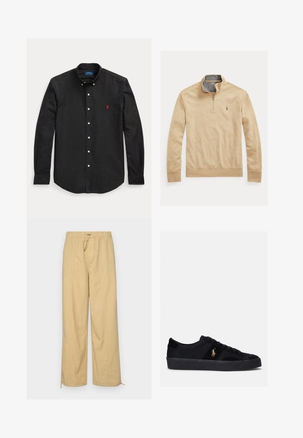 Beige long-sleeve kwart rits sweatshirt met een opstaande kraag en een klein geborduurd Polo Ralph Lauren-logo op de linkerborst.; Zwarte blouse met lange mouwen en knopen, met rood geborduurd logo op de linkerborst en een button-down kraag.; Beige wijde broek met een elastische tailleband, trekkoorddetail en ritsen bij de enkels. Soepele textuur met subtiele verticale lijnen.; Zwarte sneakers met een bovenwerk van stof en suède, ronde neus, platte rubberen zool en geborduurd logo aan de zijkant. Vetersluiting met zes veterogen.