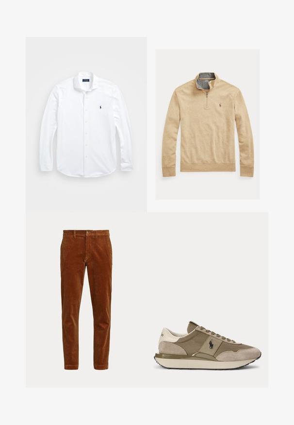 Beige long-sleeve kwart rits sweatshirt met een opstaande kraag en een klein geborduurd Polo Ralph Lauren-logo op de linkerborst.; Witte lange mouwen knoopshirt van katoen. Heeft een klassieke kraag, normale pasvorm en een klein marineblauw logo op de borst.; Bruine slim-fit corduroy broek met riemlussen, een knoopsluiting en twee zijzakken, getoond op een witte achtergrond.; Zijaanzicht van beige en bruine sneaker met suède accenten en Polo-logo aan de zijkant tegen een effen achtergrond.