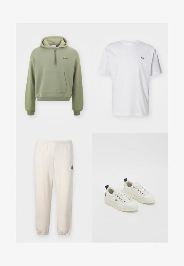 Grüne, kurz geschnittene Kapuzenjacke aus weichem Stoff, mit einer Kängurutasche und einer verstellbaren Kapuze, sowie einem kleinen gestickten Logo auf der Brust.; Weißes Baumwoll-T-Shirt mit Rundhalsausschnitt, kurzen Ärmeln und einem kleinen grünen gestickten Logo auf der Brust. Klassisches, gerades Schnittdesign.; Helle beige Sweatpants aus Baumwolle mit einem elastischen Bund, gerippten Bündchen und einem grünen Logo mit Blattdesign am linken Bein.; Weiße Ledersneaker mit grünen Akzenten, Schnürdesign, goldenen Ösen und strukturierten Paneelen. Dicke cremefarbene Gummisohle.