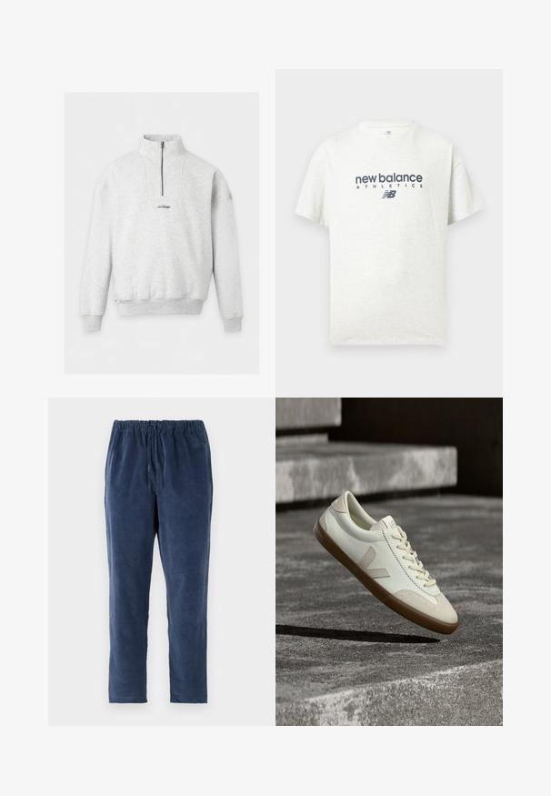 Hellgrauer Sweatshirt mit Viertel-Reißverschluss, hohem Kragen, gerippten Bündchen und Saum sowie kleinem zentriertem Hollister-Logo auf der Brust.; Weißes T-Shirt mit kurzen Ärmeln und Rundhalsausschnitt, vorne in der Mitte mit "new balance ATHLETICS" und dem "NB"-Logo in Dunkelblau bedruckt.; Marineblaue Hose mit weicher Textur, elastischem Bund und geradem Bein. Keine Taschen. Der Stoff sieht leicht aufgeraut aus.; Weiße Leder-Sneaker mit beige-gummiartiger Sohle, flachen Schnürsenkeln und V-förmigem Akzent an der Seite. Verfügt über eine glatte Oberfläche und minimale Nahtdetails.