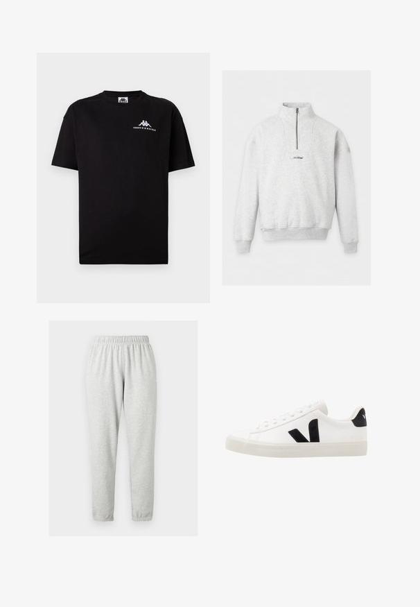 Sweat-shirt gris clair avec quart de zip, col montant, poignets et ourlet côtelés, petit logo Hollister centré sur la poitrine.; T-shirt noire à manches courtes avec col rond, petit logo blanc Kappa et texte "Fondato in Italia" sur le haut gauche de la poitrine.; Pantalon de survêtement gris clair, longueur intégrale, avec taille élastique et poignets aux chevilles, présenté sur un fond clair uni.; Sneaker blanche en cuir avec des accents en daim noir ; dispose d'une semelle en caoutchouc, d'un bout rond et d'un design classique à lacets. Logo latéral en noir.