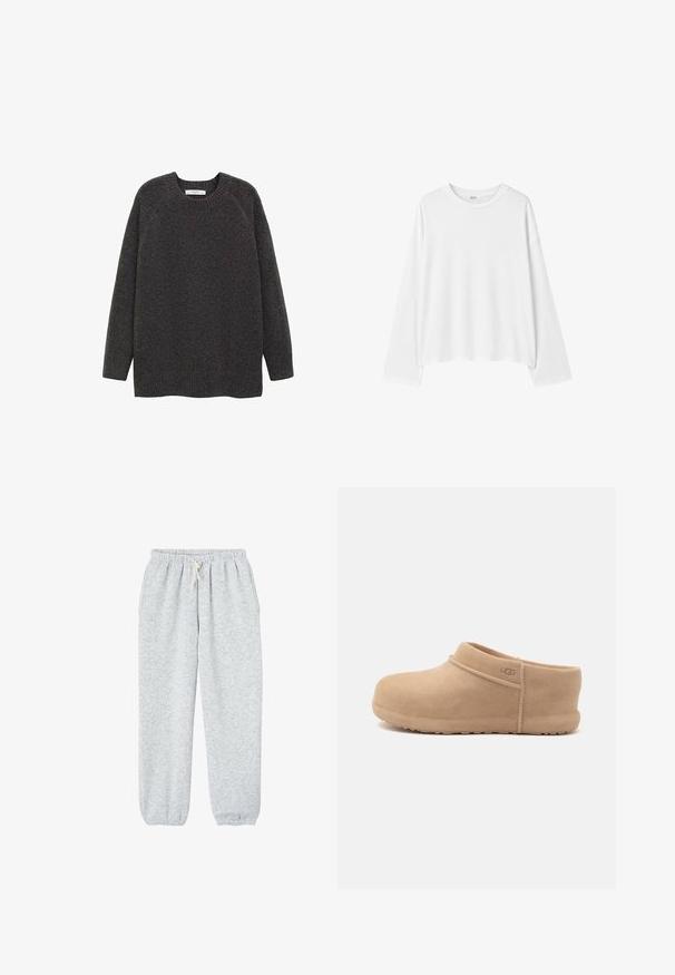 Dunkelgrauer Pullover aus weichem Strickstoff mit Rundhalsausschnitt und langen Raglanärmel, die mit gerippten Bündchen und Saum abschließen.; Schlichtes weißes Langarmshirt mit Rundhalsausschnitt, lockerer Passform und geradem Saum, auf weißem Hintergrund abgebildet.; Graue Sweatpants aus weichem Stoff, mit einem elastischen Bund und einem Kordelzug sowie elastischen Bündchen an den Knöcheln.; Hellbrauner Veloursleder-Schlupf-Clog mit niedrigem Absatz und UGG-Logo an der Seite, vor schlichten weißem Hintergrund gezeigt.