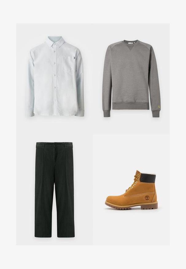 Hall hallipluus pehmest kangast. Sellel on soonilised varrukasäärised ja alumine serv, ümara kaelusega ning vasakul varrukal väike roheline logo.; New Balance OXFORD - Pluus - blue; Tumedad rohelised laiade jalgadega püksid, mis on valmistatud tekstureeritud puuvillast. Omavad nupuga sulgemist ja ees olevaid voldikesi. Sirge lõige ja keskmise kõrgusega vöökoht.; Pruun nahast pahkluu saabas metallist silmadega, valge karvane vooder, must pehmendatud krae, robustne tallal ja küljes reljeefne logo.