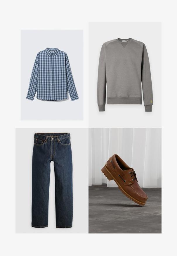 Sweatshirt gris en tissu doux. Comprend des poignets et un ourlet côtelés, un col rond, et un petit logo vert sur la manche gauche.; Chemise à manches longues à carreaux bleus et blancs avec col, boutonnage et manches à poignets. Tissu en coton avec une texture lisse.; Jean en denim bleu foncé avec une coupe droite. Comprend cinq poches, des surpiqûres contrastantes et une fermeture à bouton à la taille.; Chaussure de bateau en cuir marron avec des lacets noirs, des coutures beiges et une semelle robuste, suspendue au-dessus d'un sol en béton gris.