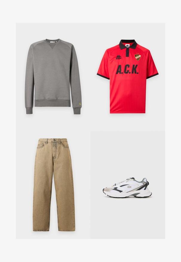 Grauer Pullover aus weichem Stoff. Verfügt über gerippte Bündchen und Saum, einen Rundhalsausschnitt und ein kleines grünes Logo auf dem linken Ärmel.; Rotes Sporttrikot mit kurzen Ärmeln, schwarzem Kragen und Bündchen, schwarzem "A.C.K."-Text, Kappa-Logo und einem Wappenschild mit zwei Sternen auf der Brust.; Beige Denim-Jeans mit geradem Bein, ausgestattet mit einem Reißverschluss, Gürtelschlaufen und kontrastierenden Nähten. Keine auffälligen Muster oder Hardware-Details.; Weißer Sportschuh mit silbernen und schwarzen Akzenten, Obermaterial aus Netzstoff, strukturierte Sohle und ein schlankes Design mit einem Logo an der Seite.