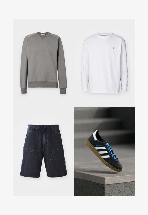 Grå sweatshirt lavet af blødt stof. Har ribbede manchetter og kant, rund hals og et lille grønt logo på venstre ærme.; Hvid langærmet t-shirt lavet af bomuld. Har et lille gyldent logo på brystet og en rund halsudskæring. Enkel design og standard pasform.; Mørke denim shorts med lige snit, store forlommer og knaplukning; glat tekstur og minimale syninger.; Sort Adidas sneaker med hvide striber, blå snørebånd og gummisål, der svæver over gråt betontrin i blødt lys.