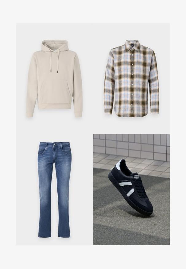 Hættebluse i lys beige med en frontlomme, snoretræk og ribbede manchetter. Lavet af blødt, glat stof med en afslappet pasform.; Ruthæs skjorte i grøn, blå og creme med tern, funktionerende en klassisk krave og lange ærmer med kontrasterende ternede mønstre og hvide knapper.; Blå denim straight-leg jeans med frontknap, lynlås samt for- og baglommer på en hvid baggrund.; Sort lædersneaker med hvide striber, tekstureret gummisål og snørrebånd foran. Har et brandet mærke på tungen.