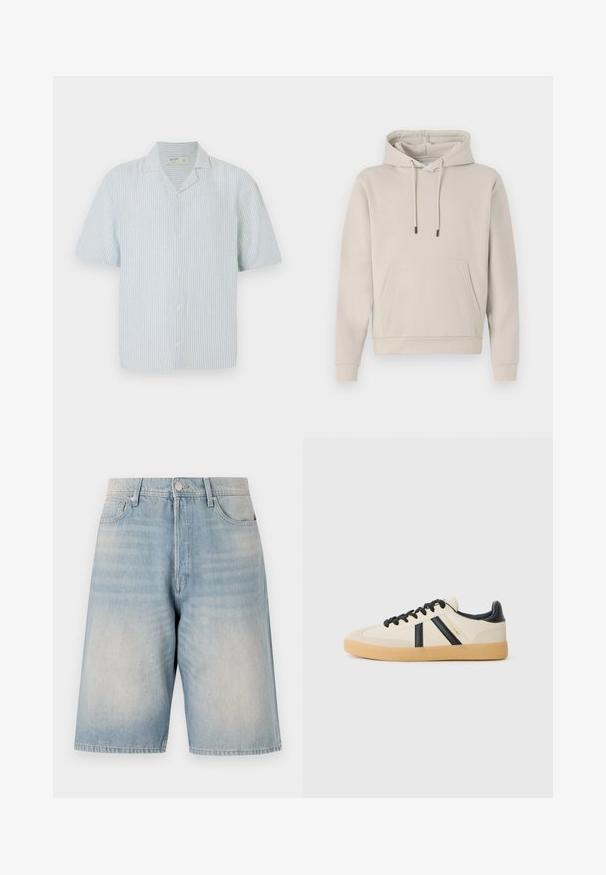 Sudadera con capucha en color beige claro, que cuenta con un bolsillo frontal, cordones y puños acanalados. Fabricada en tejido suave y liso con un corte relajado.; Camisa de botones de manga corta en rayas azul claras y blancas. Presenta un cuello clásico y un corte relajado en una tela ligera.; Shorts de mezclilla azul claro con un ajuste relajado. Presentan un cierre de botón, trabillas para cinturón y dos bolsillos frontales. Textura desgastada en toda su superficie.; Zapatillas casuales en crema con rayas negras, con parte superior texturizada y suela de goma. Los cordones son negros. Logo sutil en el costado.