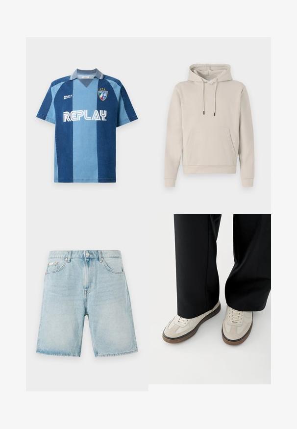 Heledustega koka, mille värv on heledat beeži, ees on tasku, kapuutsil on paelad ja varrukaotsad on soonikkoes. Valmistatud pehmest ja siledast kangast, annab alla lõdva sobivuse.; Denim-stiilis trikotaaž lühikeste varrukatega, tumeda ja helesinise riba kujundusega, V-kaelusega ja silmatorkava "REPLAY" logoga.; Hallika sinise denimi lühikesed püksid laia lõikega, millel on ees taskud, nööbiga sulgemine ja minimaalne pleekimine.; Jalad, mis kannavad beeži värvi tossusid pruunide talladega ja mustasid laiade säärega pükse valgel taustal.