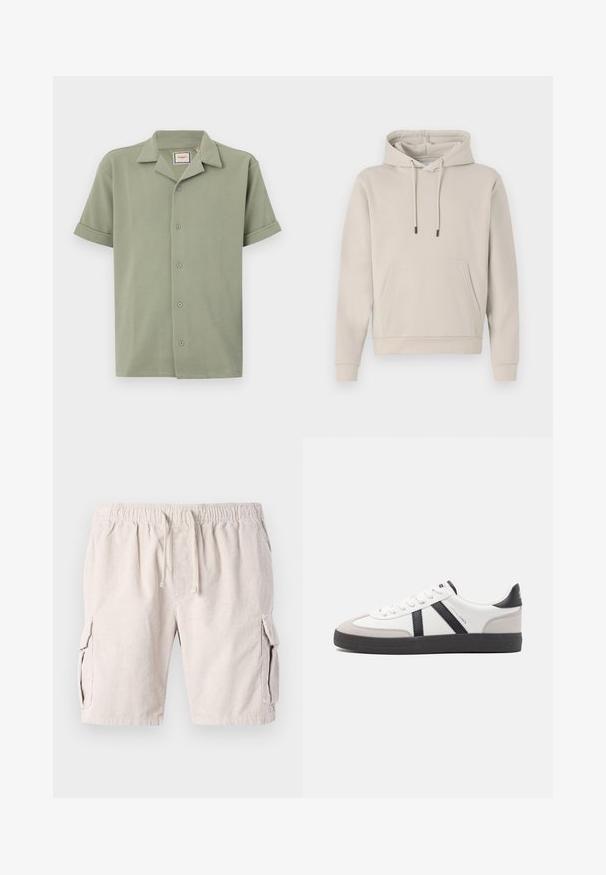 Sudadera con capucha en color beige claro, que cuenta con un bolsillo frontal, cordones y puños acanalados. Fabricada en tejido suave y liso con un corte relajado.; Camisa de manga corta en verde claro, hecha de tela texturizada con cuello de pico y cierre frontal de seis botones. Las mangas enrolladas ofrecen un ajuste relajado.; Pantalones cortos de algodón de pana color beige con cintura elástica, cierre de cordón y dos bolsillos laterales. La tela presenta un patrón texturizado y acanalado.; Zapatilla blanca con acentos en negro y gris, que presenta una puntera texturizada en gris, suela de goma negra y cordones planos blancos. Diseño limpio, estilo minimalista.