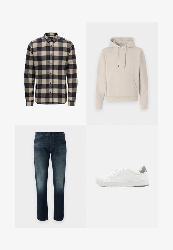 Hættebluse i lys beige med en frontlomme, snoretræk og ribbede manchetter. Lavet af blødt, glat stof med en afslappet pasform.; Herres flannelskjorte i sort og creme, med et klassisk ternet mønster, knap-for-krave og lange ærmer med knapmanchetter.; Mørkeblå lige ben denim jeans med let fading på lårene og knæene, frontknap og lynlås lukning, samt fem-lomme stil.; Hvid sneaker lavet af glat læder, rund tå, minimalistisk design, grå hælafsats og tekstureret gummisål.
