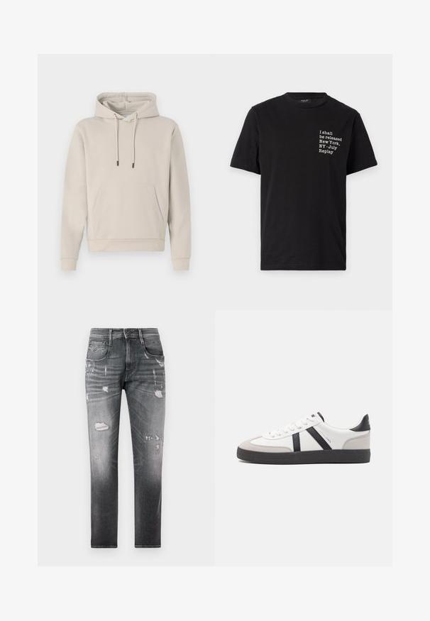 Sweat-shirt à capuche beige clair, avec une poche avant, des cordons de serrage et des poignets côtelés. Fabriqué en tissu doux et lisse avec une coupe décontractée.; T-shirt en coton noir avec texte blanc : "Je serai libéré New York, NY - Juillet Replay," col rond, manches courtes.; Jean en denim noir décoloré avec des patchs usés. Comprend cinq poches, une fermeture à bouton et une coupe droite.; Baskets blanches avec des accents noirs et gris, présentant un embout texturé gris, une semelle en caoutchouc noir et des lacets plats blancs. Design épuré, style minimaliste.
