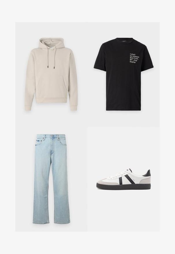 Sudadera con capucha en color beige claro, que cuenta con un bolsillo frontal, cordones y puños acanalados. Fabricada en tejido suave y liso con un corte relajado.; Camiseta de algodón negra con texto blanco: "Seré liberado Nueva York, NY - Julio Replay", cuello redondo, mangas cortas.; Vaqueros de mezclilla azul claro con un diseño holgado y de pierna ancha. Cuenta con cinco bolsillos, presillas para cinturón y un cierre de cremallera con botón.; Zapatilla blanca con acentos en negro y gris, que presenta una puntera texturizada en gris, suela de goma negra y cordones planos blancos. Diseño limpio, estilo minimalista.